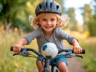 A little blonde boy riding a bicycle on a park path, smiling, with a black-and-white soccer ball attached to the front of the bike.