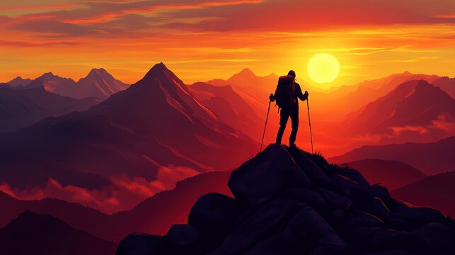 Majestic Sunset Hiker on Mountain Peak