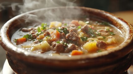 Steaming Bowl Of Hearty Beef Stew With Vegetables