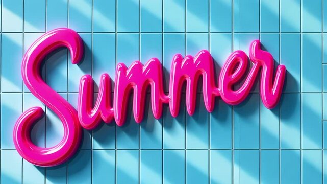 3D text effect "Summer" in pink cursive, summer theme, on a blue grid background, vector style, 2D, vector graphic, simple shapes, simple lines, simple color scheme, high resolution, high quality, hig