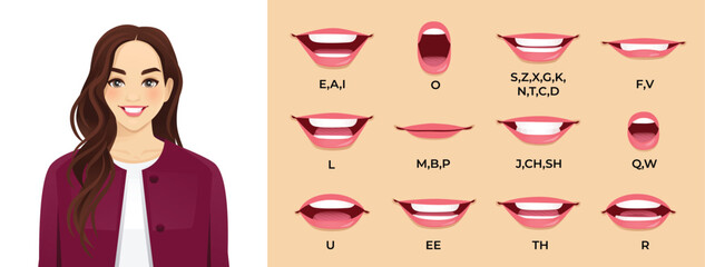 Young woman character mouth animation set. Vector illustration of female lips collection with sound pronunciation. 