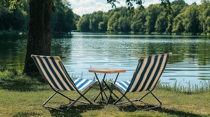 Fototapeta premium Two comfortable striped chairs and a small table set by a tranquil lake, surrounded by greenery, creating a serene atmosphere perfect for relaxation and leisure activities.