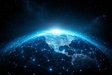 Obraz premium The global 3D world sphere facilitates data interchange through a network of connections across the planet