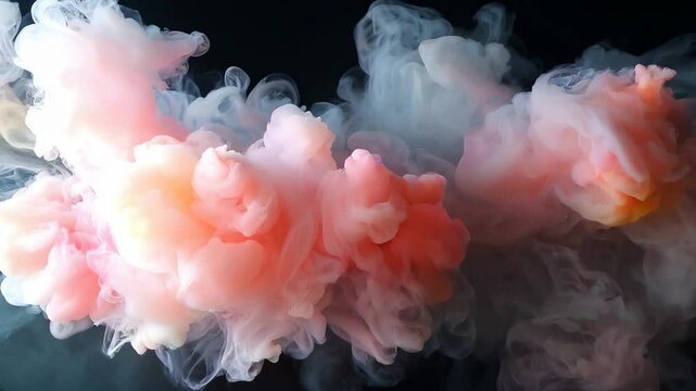 Abstract pink and gray smoke clouds swirling on a dark background.