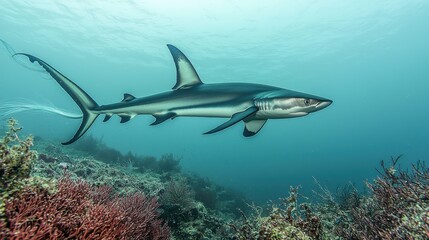 Fototapeta premium A magnificent thresher shark glides through the clear ocean waters, its long tail trailing gracefully.