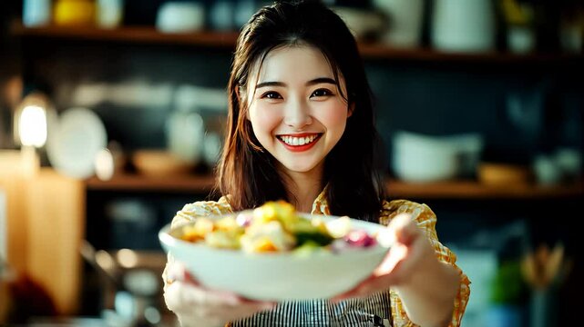 Young woman offering a bowl of fresh salad with a smile.
