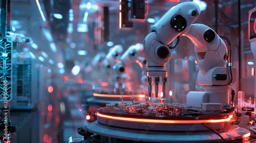 Poster robot is working on a machine in a factory. the robot is white and has a red light on it. the factor