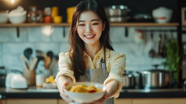 Happy woman presenting a healthy food in a cozy kitchen.