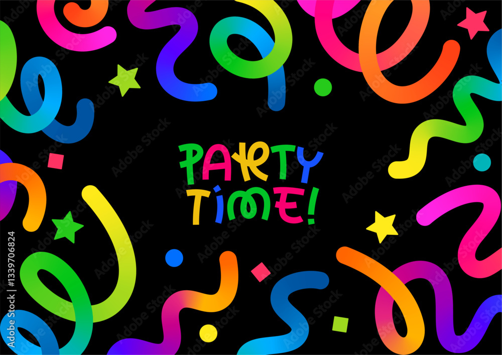 Poster Vector Background with Color Confetti Frame. Design Element for Birthday Celebrations, Parties and Carnivals. Gradient Lines and Ribbons. 3D Congratulatory Fireworks Design