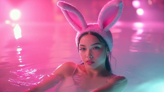 Beautiful woman in pink bunny ears relaxing in a dreamy pool.