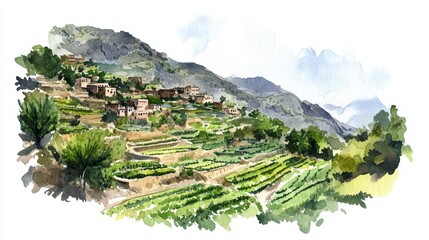 Watercolor Jebel Akhdar Oman Mountain Village - Serene watercolor painting of terraced farms clinging to the slopes of Jebel Akhdar, Oman. Symbolizing sustainability, agriculture, resilience, beauty