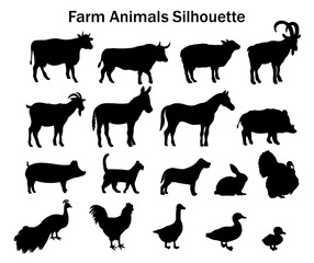 Set of black silhouettes of domestic animals: cows, horses, sheep, goats, pigs, chickens, bull, peacock and others. Ideal for farming themes, logos, packaging and design. Vector illustration