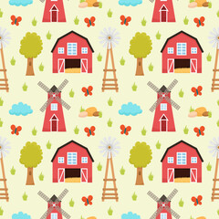 Colorful seamless pattern with barns, mills, windmills, trees and butterflies. Suitable for packaging, textiles, wallpaper, children's products and farm products.
