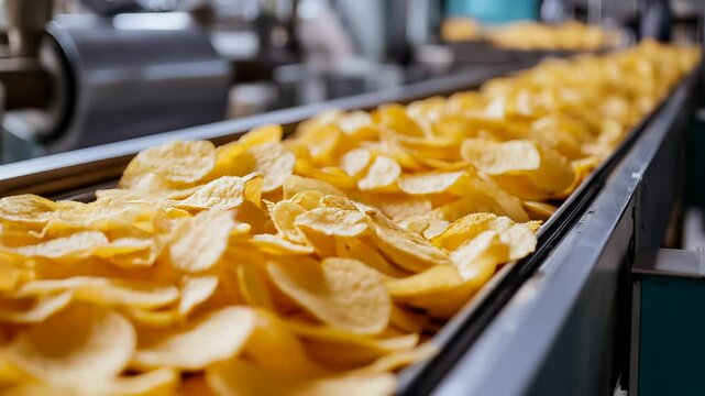 Production line with crispy potato chips moving on conveyor belt.