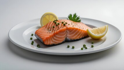 salmon fillet with lemon on white plate