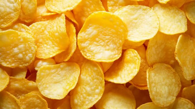 Close-up of golden crispy potato chips with texture details.