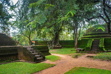 Dome shaped green stupa in the Kiri Vihara Buddhist temple ruins, royal ancient city of the Kingdom of Polonnaruwa,  the second capital of Sri Lanka,UNESCO Site, Sri Lanka, Asia