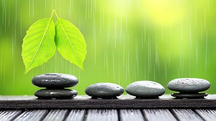 Stones and leaves in rain, outdoor spa, relaxation theme