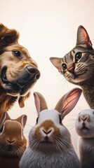 Curious dog, cat, and rabbits together in playful close-up on neutral background