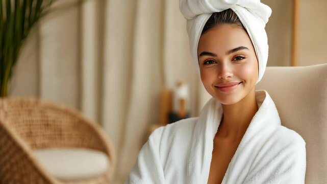 Elegant woman in bathrobe enjoying a spa moment.