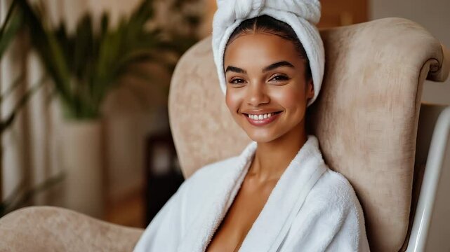 Elegant woman in bathrobe enjoying a spa moment.