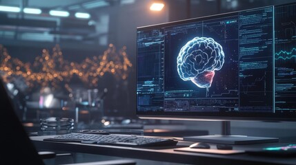 Advanced 3D Brain Model Displayed on a Computer Monitor in a High Tech Laboratory Setting featuring a Glowing Effect.Displayed in a Futuristic and Modern Environment.A Glowing Digital Brain Model on