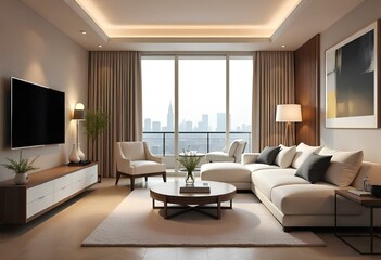 A stylish hotel room with a large bed, a television, and sleek furnishings