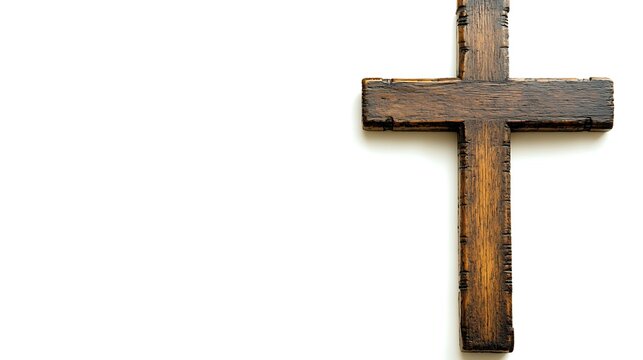 Wooden cross on white background. Symbol of faith