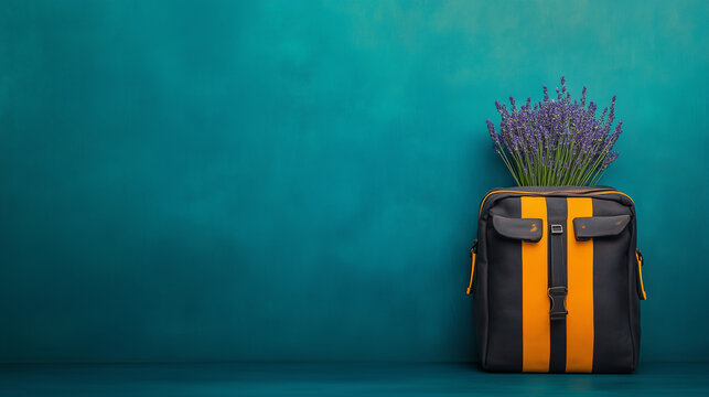 stylish travel backpack repurposed as a planter with blooming lavender against a teal background