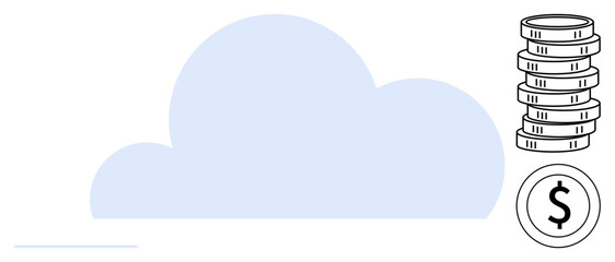 Blue cloud illustration paired with coin stacks and currency icon, representing cloud computing expenses, data storage efficiency, and financial savings. Ideal for technology, finance, data security