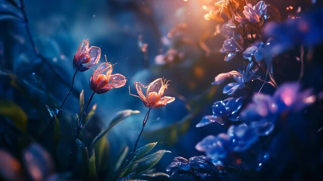 Magical flowers in a fantasy garden, fairy-tale flowers glowing in a mystical night forest, creating an atmosphere of magic.