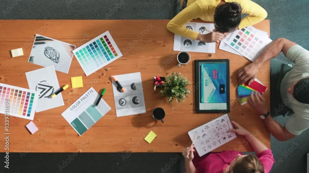 Aufkleber top down aerial view of designer looking at tablet while project manager choosing color palettes. to