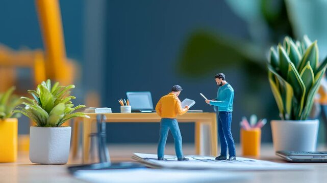 Miniature office scene with tiny figures, tiny figurines in a detailed office setting symbolize teamwork and business strategy.