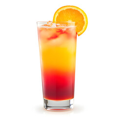 A tequila sunrise cocktail, beautifully layered with vibrant colors, garnished with an orange slice 