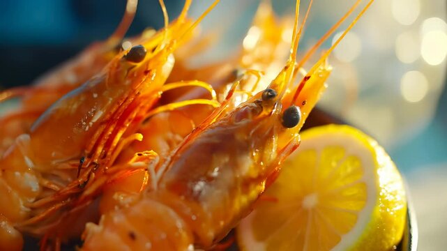 Juicy grilled shrimp with herbs, a delicious seafood dish served with fresh lemon and greens.