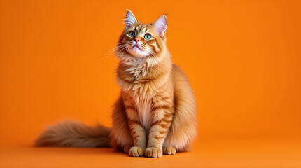 Beautiful Fluffy Ginger Cat Portrait Orange Background | Orange Tabby Cat Green Eyes Looking Up Sitting | Pet Studio Shot