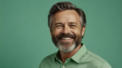 Fototapeta premium Confident man smiling with silver hair and beard against blue background. Smiling man.