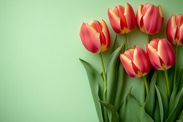 Fototapeta premium Easter Background, Easter Banner, Vibrant Red and Yellow Tulips Bouquet on a Green Background Spring Flowers