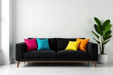 Modern black couch, assorted colorful cushions against clean white wall , pillow arrangement, cushions, contemporary
