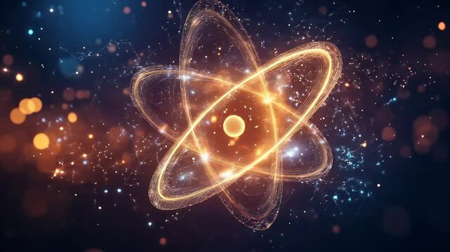 Glowing atom model, a futuristic illustration of atomic structure with energy particles in a cosmic background.