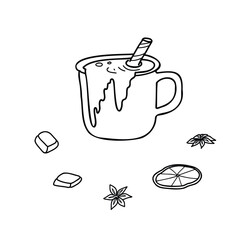 Mug of hot Chocolate with chocolate bars and dried Orange Slice, Anise stars set isolated on a background. Vector Hand drawn illustration in Doodle style. Perfect for Holiday and Christmas cards, logo