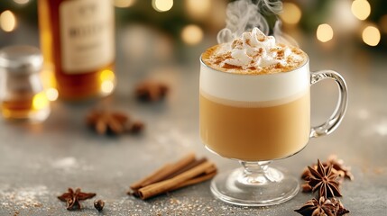 Glass with a handle on a stem with a lamina of white airy foam sprinkled with spices on top.