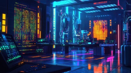 Cyberpunk Neon Futuristic Technology Room With Glowing Colorful Lights And Abstract Design Elements And Modern Hardware With Advanced Interface Technology And Vivid Screens With Glowing Effects And