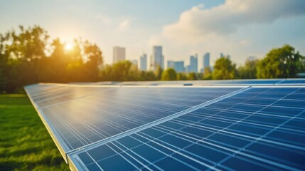 Solar panels generating clean energy in a city environment