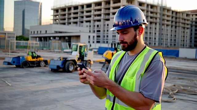 Engineer checking phone on construction site, a modern worker utilizing digital technology.