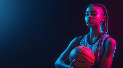 Young Woman Basketball Player Neon Lighting Portrait