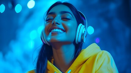 Woman Enjoys Music Wearing Headphones