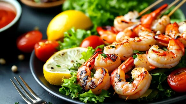 Artistic shrimp platter with sauce, a creative seafood presentation for fine dining.