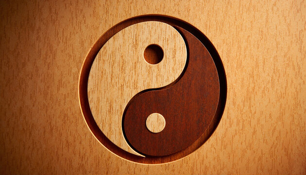 Yin Yang symbol carved in wood grain background