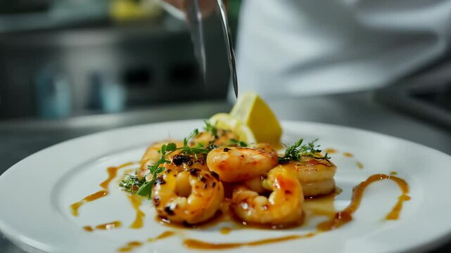 Gourmet shrimp dish with balsamic drizzle, a fine dining seafood delicacy.